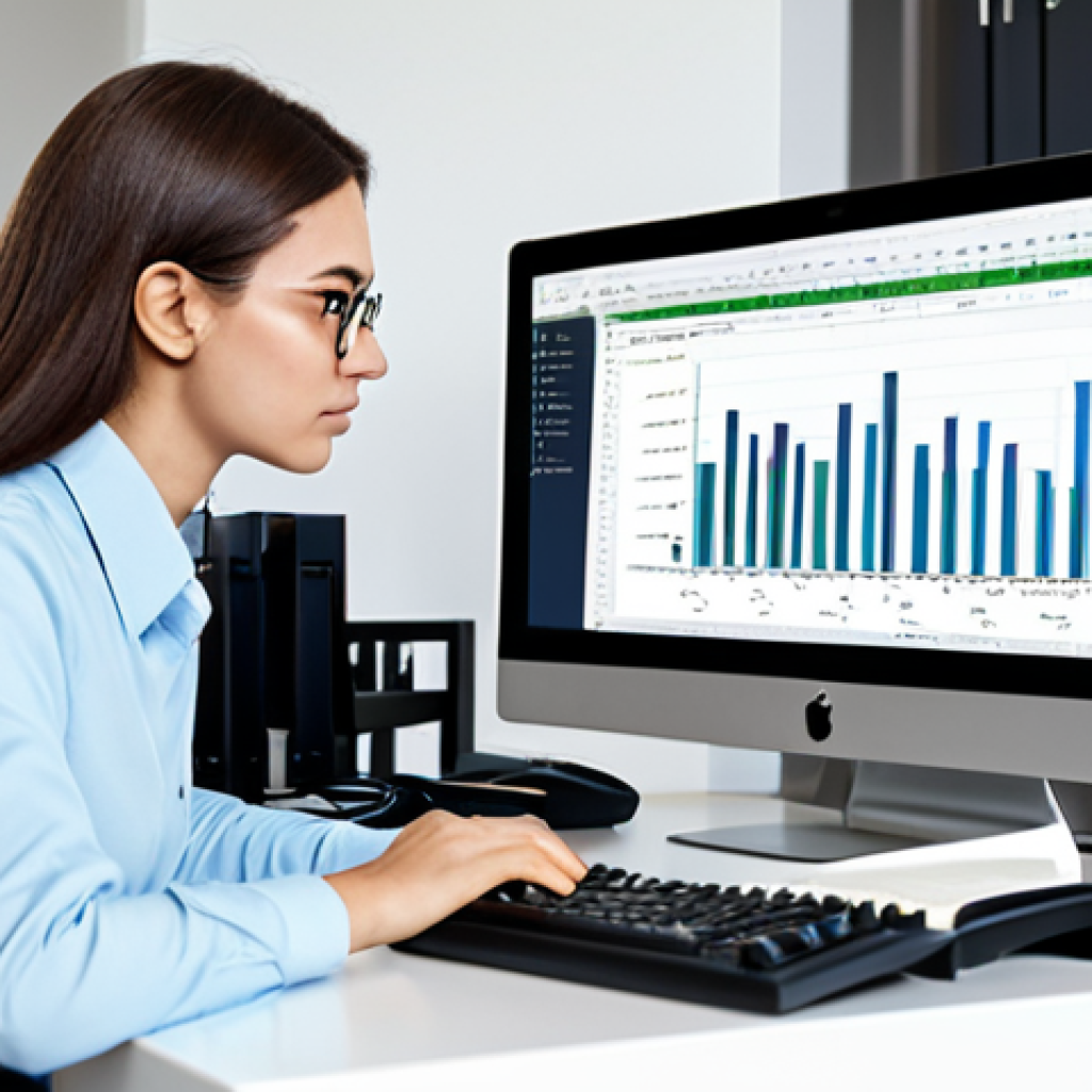 A focused individual (gender-neutral) in modest professional attire, sitting at a clean desk in a modern home study. The person is looking intently at a computer screen displaying an intuitive data analysis interface, possibly showing SQL queries or an Excel spreadsheet with charts, symbolizing early steps in data exploration. Books on data science are neatly stacked nearby. The atmosphere is calm and conducive to learning. Fully clothed, appropriate attire, safe for work, perfect anatomy, natural pose, correct proportions, professional photography, high quality, family-friendly.