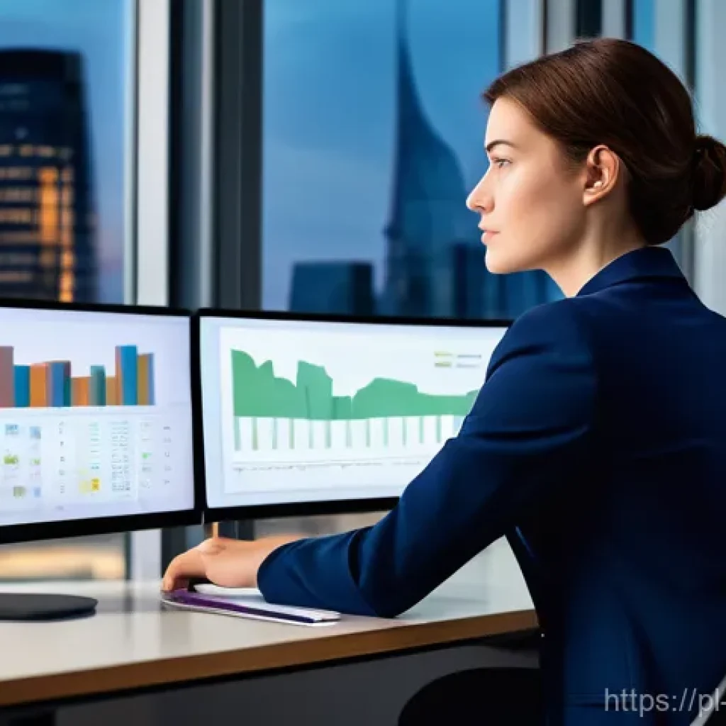 데이터 분석 분야의 인기 채용 직무 - A professional female data analyst, in her late 20s, with short brown hair, wearing a stylish but mo...
