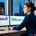 데이터 분석 분야의 인기 채용 직무 - A professional female data analyst, in her late 20s, with short brown hair, wearing a stylish but mo...