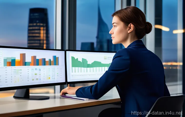 데이터 분석 분야의 인기 채용 직무 - A professional female data analyst, in her late 20s, with short brown hair, wearing a stylish but mo...