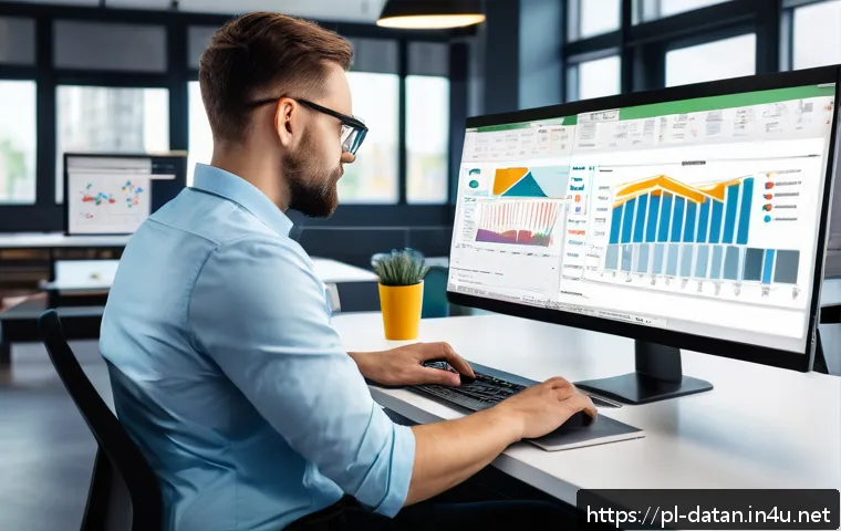 데이터 분석가의 생산성을 높이는 팁 - A modern office environment showing a professional data analyst working at a sleek desk with multipl...