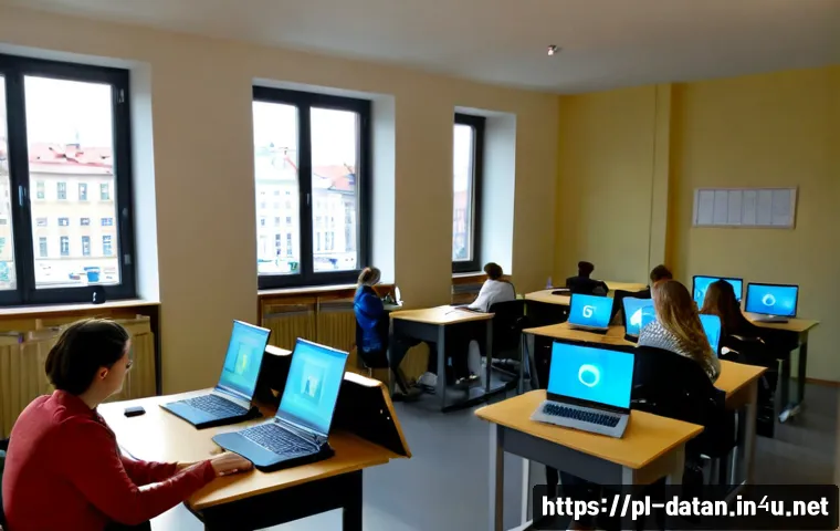 데이터 분석 관련 코딩 부트캠프 소개 - Photorealistic modern data analytics coding bootcamp classroom in Warsaw, Poland, diverse adult stud...