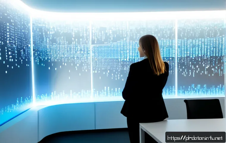 빅데이터와 데이터 분석의 차이점 - Photorealistic modern Warsaw office scene illustrating big data: a Polish business analyst viewed fr...